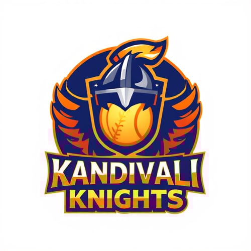 AI Design for Pictorial for a tennis cricket team named "Kandivali Knights": A stylized cricket ball with a glowing aura, symbolizing speed and power, intertwined with a knight's helmet crest. Orange, deep blue, and gold, reflecting dynamism and royalty. Bold, modern sans-serif font for "Kandivali Knights" with a slight metallic sheen. Design inspired by dynamic sports logos and medieval heraldry, with clean lines and sharp edges. Visual execution should be high-contrast and impactful, with subtle texture on the knight's helmet. Circular badge background.