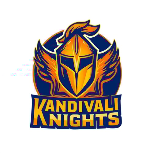 AI Design for Pictorial for a tennis cricket team named "Kandivali Knights": A stylized cricket ball with a glowing aura, symbolizing speed and power, intertwined with a knight's helmet crest. Orange, deep blue, and gold, reflecting dynamism and royalty. Bold, modern sans-serif font for "Kandivali Knights" with a slight metallic sheen. Design inspired by dynamic sports logos and medieval heraldry, with clean lines and sharp edges. Visual execution should be high-contrast and impactful, with subtle texture on the knight's helmet. Circular badge background.
