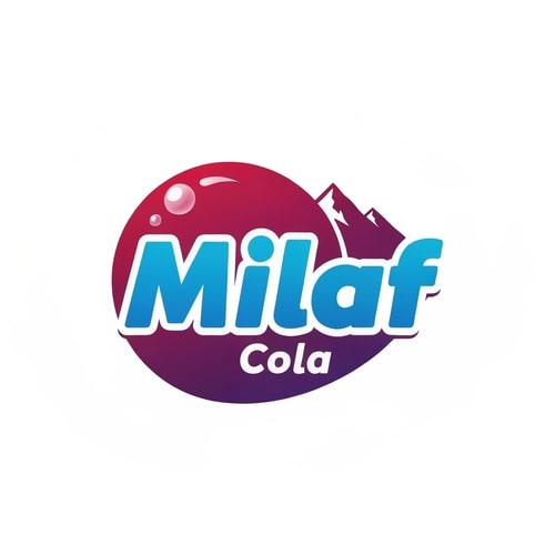 AI Design for Pictorial logo for a refreshing cola beverage named "Milaf Cola": A curvy, A vibrant gradient from deep ruby red to a bright, blue great vibes font for "Milaf" with a lighter, more great vibes for "Cola" beneath. Design inspired by retro soda advertisements and modern, clean graphic design. Sharp, clean lines with subtle highlights on the bubble and mountains. Solid white background.