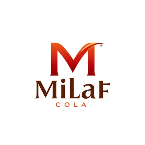 AI Design for Letterform logo for a refreshing beverage company named "Milaf Cola": a sleek, modern design featuring a stylized "M" that flows into a subtle curve, suggesting effervescence. Color palette: deep cola brown, bright crimson red, and a hint of metallic silver. Typography: The "Milaf Cola" text should use a custom, stylish "Great Vibes" font with elegant curves and subtle flourishes, feeling both premium and approachable. Design: inspired by art deco elegance and modern minimalism. Visual execution: The "M" should be the primary visual element, with the curve subtly integrated into the lettering of "Cola." Clean lines, smooth gradients, and a polished finish. Background type: white.