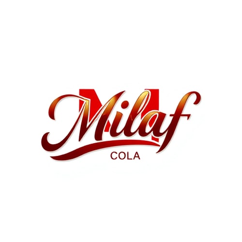 AI Design for Letterform logo for a refreshing beverage company named "Milaf Cola": a sleek, modern design featuring a stylized "M" that flows into a subtle curve, suggesting effervescence. Color palette: deep cola brown, bright crimson red, and a hint of metallic silver. Typography: The "Milaf Cola" text should use a custom, stylish "Great Vibes" font with elegant curves and subtle flourishes, feeling both premium and approachable. Design: inspired by art deco elegance and modern minimalism. Visual execution: The "M" should be the primary visual element, with the curve subtly integrated into the lettering of "Cola." Clean lines, smooth gradients, and a polished finish. Background type: white.