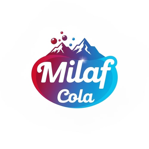 AI Design for Pictorial logo for a refreshing cola beverage named "Milaf Cola": A curvy, vibrant gradient from deep ruby red to a bright blue, with a "great vibes" font for "Milaf" and a lighter, more "great vibes" font for "Cola" beneath. Design inspired by retro soda advertisements and modern, clean graphic design, with sharp, clean lines and subtle highlights on bubbles and mountains. Solid white background.