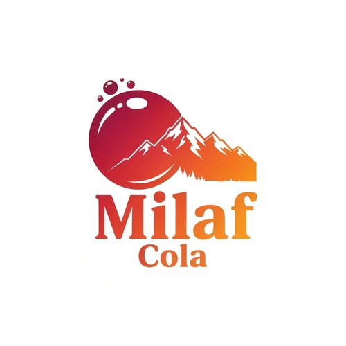 AI Design for Pictorial logo for a refreshing cola beverage named "Milaf Cola": A stylized, effervescent bubble transforming into the silhouette of a distant mountain range, suggesting natural origins and an uplifting experience. A vibrant gradient from deep ruby red to a bright, crisp orange. Bold, slightly condensed sans-serif font for "Milaf" with a lighter, more classic serif for "Cola" beneath. Design inspired by retro soda advertisements and modern, clean graphic design. Sharp, clean lines with subtle highlights on the bubble and mountains. Solid white background.