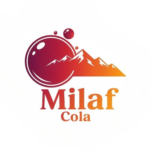 AI Design for Pictorial logo for a refreshing cola beverage named "Milaf Cola": A stylized, effervescent bubble transforming into the silhouette of a distant mountain range, suggesting natural origins and an uplifting experience. A vibrant gradient from deep ruby red to a bright, crisp orange. Bold, slightly condensed sans-serif font for "Milaf" with a lighter, more classic serif for "Cola" beneath. Design inspired by retro soda advertisements and modern, clean graphic design. Sharp, clean lines with subtle highlights on the bubble and mountains. Solid white background.