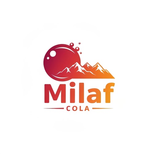 AI Design for Pictorial logo for a refreshing cola beverage named "Milaf Cola": A stylized, effervescent bubble transforming into the silhouette of a distant mountain range, suggesting natural origins and an uplifting experience. A vibrant gradient from deep ruby red to a bright, crisp orange. Bold, slightly condensed sans-serif font for "Milaf" with a lighter, more classic serif for "Cola" beneath. Design inspired by retro soda advertisements and modern, clean graphic design. Sharp, clean lines with subtle highlights on the bubble and mountains. Solid white background.