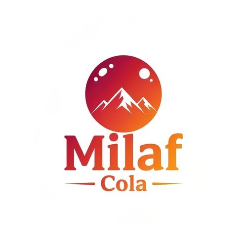 AI Design for Pictorial logo for a refreshing cola beverage named "Milaf Cola": A stylized, A vibrant gradient from deep ruby red to a bright, crisp orange. Bold, slightly condensed sans-serif font for "Milaf" with a lighter, more classic serif for "Cola" beneath. Design inspired by retro soda advertisements and modern, clean graphic design. Sharp, clean lines with subtle highlights on the bubble and mountains. Solid white background.