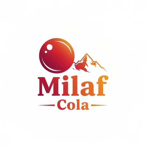 AI Design for Pictorial logo for a refreshing cola beverage named "Milaf Cola": A curvy, A vibrant gradient from deep ruby red to a bright, crisp orange. Bold, slightly condensed great vibes font for "Milaf" with a lighter, more classic serif for "Cola" beneath. Design inspired by retro soda advertisements and modern, clean graphic design. Sharp, clean lines with subtle highlights on the bubble and mountains. Solid white background.