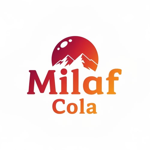 AI Design for Pictorial logo for a refreshing cola beverage named "Milaf Cola": A stylized, A vibrant gradient from deep ruby red to a bright, crisp orange. Bold, slightly condensed sans-serif font for "Milaf" with a lighter, more classic serif for "Cola" beneath. Design inspired by retro soda advertisements and modern, clean graphic design. Sharp, clean lines with subtle highlights on the bubble and mountains. Solid white background.