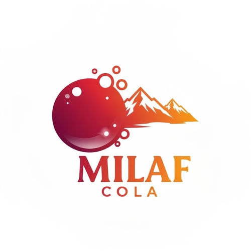 AI Design for Pictorial logo for a refreshing cola beverage named "Milaf Cola": A stylized, effervescent bubble transforming into the silhouette of a distant mountain range, suggesting natural origins and an uplifting experience. A vibrant gradient from deep ruby red to a bright, crisp orange. Bold, slightly condensed sans-serif font for "Milaf" with a lighter, more classic serif for "Cola" beneath. Design inspired by retro soda advertisements and modern, clean graphic design. Sharp, clean lines with subtle highlights on the bubble and mountains. Solid white background.