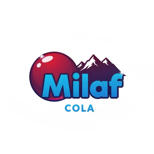 AI Design for Pictorial logo for a refreshing cola beverage named "Milaf Cola": A curvy, A vibrant gradient from deep ruby red to a bright, blue great vibes font for "Milaf" with a lighter, more great vibes for "Cola" beneath. Design inspired by retro soda advertisements and modern, clean graphic design. Sharp, clean lines with subtle highlights on the bubble and mountains. Solid white background.