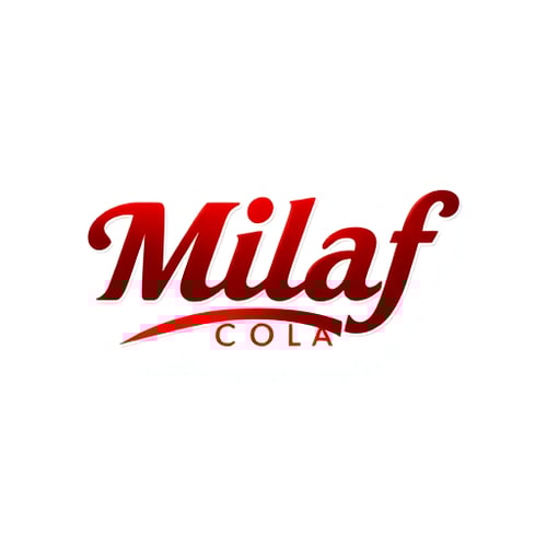 AI Design for Letterform logo for a refreshing beverage company named "Milaf Cola": a sleek, modern design featuring a stylized "Milaf Cola" that flows into a subtle curve, suggesting effervescence. Color palette: deep cola brown, bright crimson red, and a hint of metallic silver. Typography: The "Milaf Cola" text should use a custom, stylish "Great Vibes" font with elegant curves and subtle flourishes, feeling both premium and approachable. Design: inspired by art deco elegance and modern minimalism. Visual execution: 