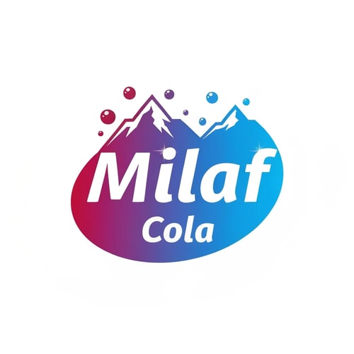 AI Design for Pictorial logo for a refreshing cola beverage named "Milaf Cola": A curvy, vibrant gradient from deep ruby red to a bright blue, with a "great vibes" font for "Milaf" and a lighter, more "great vibes" font for "Cola" beneath. Design inspired by retro soda advertisements and modern, clean graphic design, with sharp, clean lines and subtle highlights on bubbles and mountains. Solid white background.