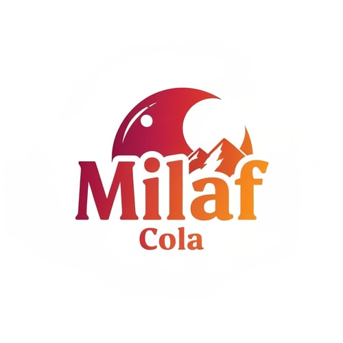 AI Design for Pictorial logo for a refreshing cola beverage named "Milaf Cola": A curvy, A vibrant gradient from deep ruby red to a bright, crisp orange. Bold, slightly condensed great vibes font for "Milaf" with a lighter, more classic serif for "Cola" beneath. Design inspired by retro soda advertisements and modern, clean graphic design. Sharp, clean lines with subtle highlights on the bubble and mountains. Solid white background.