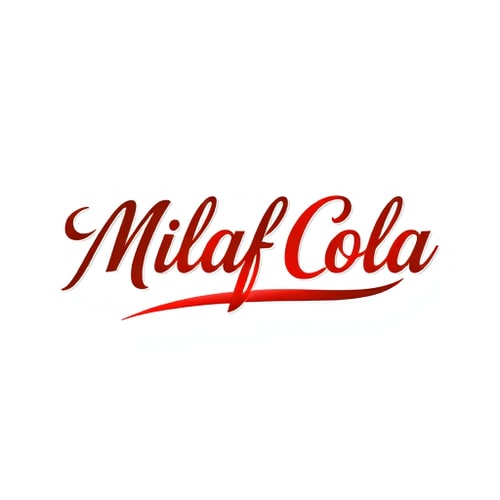 AI Design for Letterform logo for a refreshing beverage company named "Milaf Cola": a sleek, modern design featuring a stylized "Milaf Cola" that flows into a subtle curve, suggesting effervescence. Color palette: deep cola brown, bright crimson red, and a hint of metallic silver. Typography: The "Milaf Cola" text should use a custom, stylish font with elegant curves and subtle flourishes, feeling both premium and approachable. Design: inspired by art deco elegance and modern minimalism. Visual execution: 