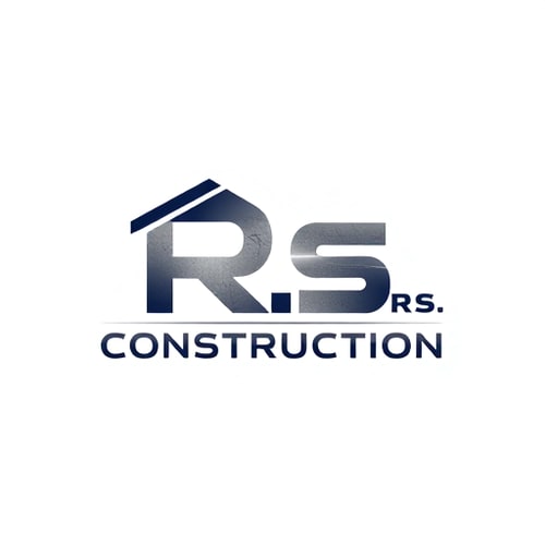AI Design for Letterform logo for a construction company named "R.S. Construction": The letters R and S interlock and are stylized to form a building or house silhouette, Letter R forms the roofline and an 'S' shapes the structure below. Primary colors: deep navy blue, sturdy concrete grey, and a touch of metallic silver for accents. Typography: Bold, strong, sans-serif font for "R.S. Construction" that conveys reliability and professionalism. Design industrial and modern, drawing influence from architectural blueprints and structural integrity. Visual execution: Clean lines, geometric shapes, and a sense of solid construction. Background type: White or transparent.