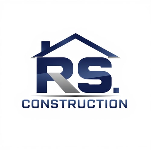 AI Design for Letterform logo for a construction company named "R.S. Construction": The letters R and S interlock and are stylized to form a building or house silhouette, Letter R forms the roofline and an 'S' shapes the structure below. Primary colors: deep navy blue, sturdy concrete grey, and a touch of metallic silver for accents. Typography: Bold, strong, sans-serif font for "R.S. Construction" that conveys reliability and professionalism. Design industrial and modern, drawing influence from architectural blueprints and structural integrity. Visual execution: Clean lines, geometric shapes, and a sense of solid construction. Background type: White or transparent.