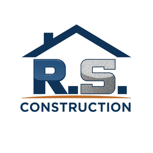 AI Design for Letterform logo for a construction company named "R.S. Construction": The letters R and S interlock and are stylized to form a building or house silhouette, Letter R forms the roofline and an 'S' shapes the structure below. Primary colors: deep navy blue, sturdy concrete grey, and a touch of metallic silver for accents. Typography: Bold, strong, sans-serif font for "R.S. Construction" that conveys reliability and professionalism. Design industrial and modern, drawing influence from architectural blueprints and structural integrity. Visual execution: Clean lines, geometric shapes, and a sense of solid construction. Background type: White or transparent.