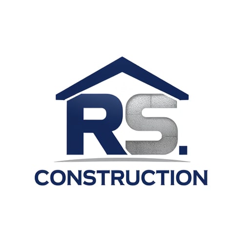 AI Design for Letterform logo for a construction company named "R.S. Construction": The letters R and S interlock and are stylized to form a building or house silhouette, Letter R forms the roofline and an 'S' shapes the structure below. Primary colors: deep navy blue, sturdy concrete grey, and a touch of metallic silver for accents. Typography: Bold, strong, sans-serif font for "R.S. Construction" that conveys reliability and professionalism. Design industrial and modern, drawing influence from architectural blueprints and structural integrity. Visual execution: Clean lines, geometric shapes, and a sense of solid construction. Background type: White or transparent.