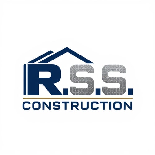 AI Design for Letterform logo for a construction company named "R.S. Construction": The letters R and S interlock and are stylized to form a building or house silhouette, Letter R forms the roofline and an 'S' shapes the structure below. Primary colors: deep navy blue, sturdy concrete grey, and a touch of metallic silver for accents. Typography: Bold, strong, sans-serif font for "R.S. Construction" that conveys reliability and professionalism. Design industrial and modern, drawing influence from architectural blueprints and structural integrity. Visual execution: Clean lines, geometric shapes, and a sense of solid construction. Background type: White or transparent.