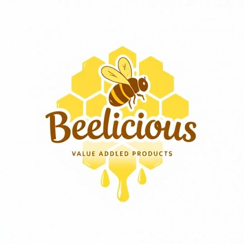 AI Design for Pictorial for a honeybee value added products business named "Beelicious": A stylized honeybee with a honeycomb backdrop, warm yellows , playful sans-serif typography. Design influenced by nature-inspired aesthetics, focusing on organic shapes and soft curves, with a textured background resembling honey drips.