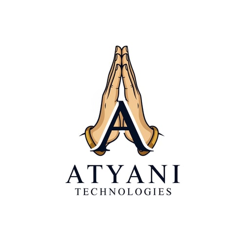 AI Design for mujhe ek esa logo bna kr do jism ehaath jod rhe ho or us haath jodne me a ka shape ban rha ho kyuki ye conmapny ka naam Atyani Technologies h tho chate hki logo me a ho or ye thoda royalk look chate h tho chate h kji haath bhi jude hue nho