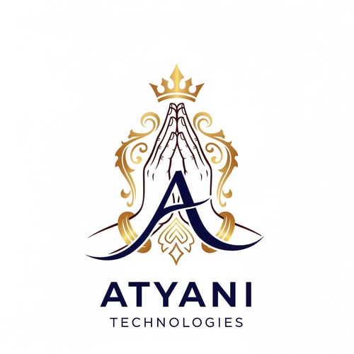 AI Design for mujhe ek esa logo bna kr do jism ehaath jod rhe ho or us haath jodne me a ka shape ban rha ho kyuki ye conmapny ka naam Atyani Technologies h tho chate hki logo me a ho or ye thoda royalk look chate h tho chate h kji haath bhi jude hue nho'