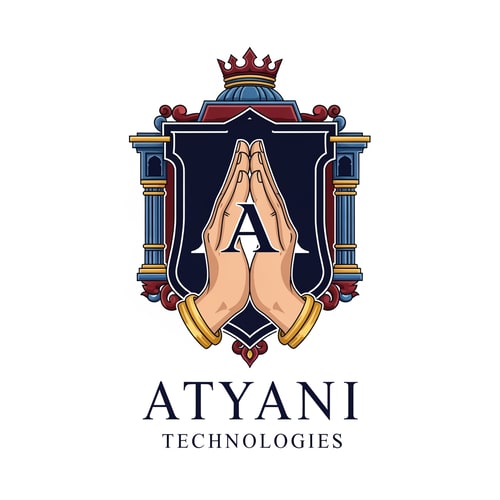 AI Design for mujhe ek esa logo bna kr do jism ehaath jod rhe ho or us haath jodne me a ka shape ban rha ho kyuki ye conmapny ka naam Atyani Technologies h tho chate hki logo me a ho or ye thoda royalk look chate h tho chate h kji haath bhi jude hue nho'