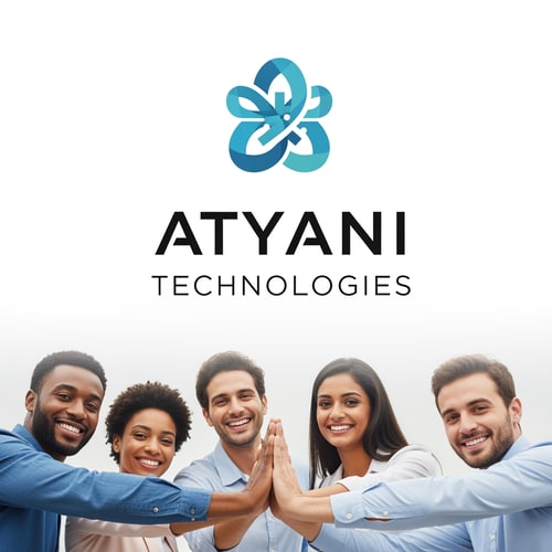 AI Design for esme a likha hua nhi aana chaiye or jo haayth h bvo real hona chaioye or logo me haath jode hue hone chaaiye Atyani Technologies ior ye comapny ka name h