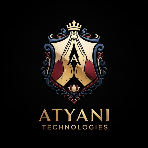 AI Design for mujhe ek esa logo bna kr do jism ehaath jod rhe ho or us haath jodne me a ka shape ban rha ho kyuki ye conmapny ka naam Atyani Technologies h tho chate hki logo me a ho or ye thoda royalk look chate h tho chate h kji haath bhi jude hue nho'