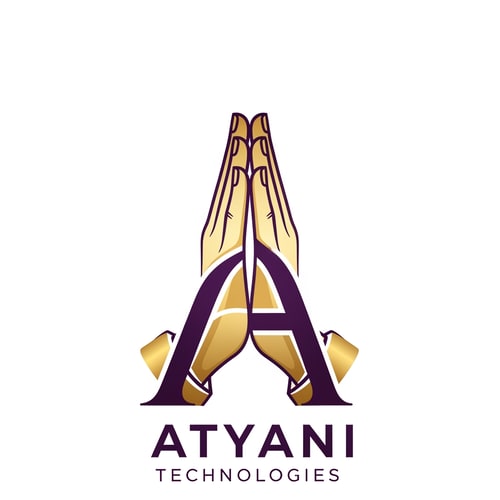AI Design for mujhe ek esa logo bna kr do jism ehaath jod rhe ho or us haath jodne me a ka shape ban rha ho kyuki ye conmapny ka naam Atyani Technologies h tho chate hki logo me a ho or ye thoda royalk look chate h tho chate h kji haath bhi jude hue nho