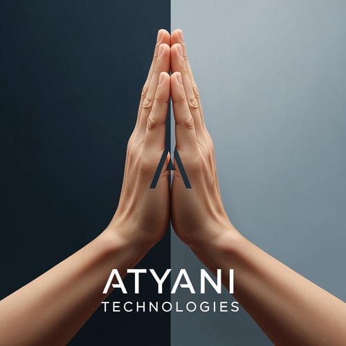 AI Design for esme a likha hua nhi aana chaiye or jo haath h vo real hona chaioye or logo me haath jode hue hone chaaiye Atyani Technologies ior ye comapny ka name h haath thoda sa dur hona chaiye or haath me a ka shaape ban na chaiye but a likha hua nhi aana chaioye