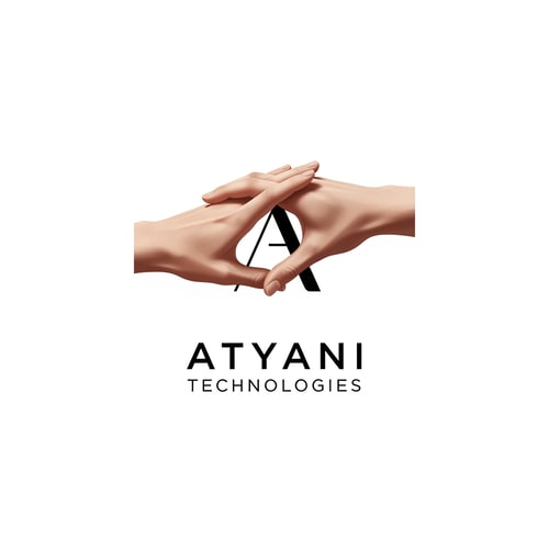 AI Design for esme a likha hua nhi aana chaiye or jo haath h vo real hona chaioye or logo me haath jode hue hone chaaiye Atyani Technologies ior ye comapny ka name h haath thoda sa dur hona chaiye or haath me a ka shaape ban na chaiye but a likha hua nhi aana chaioye