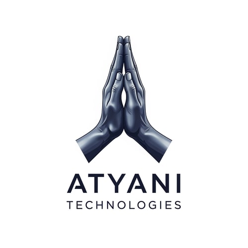 AI Design for esme a likha hua nhi aana chaiye or jo haath h vo real hona chaioye or logo me haath jode hue hone chaaiye Atyani Technologies ior ye comapny ka name h