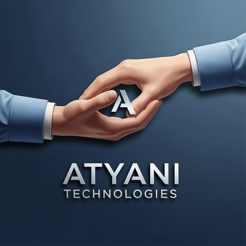 AI Design for esme a likha hua nhi aana chaiye or jo haath h vo real hona chaioye or logo me haath jode hue hone chaaiye Atyani Technologies ior ye comapny ka name h haath thoda sa dur hona chaiye or haath me a ka shaape ban na chaiye but a likha hua nhi aana chaioye