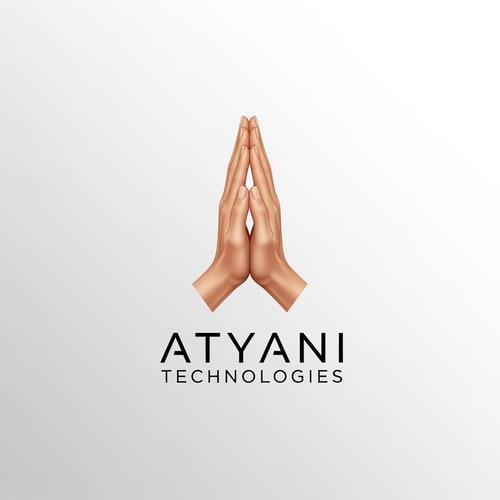 AI Design for esme a likha hua nhi aana chaiye or jo haath h vo real hona chaioye or logo me haath jode hue hone chaaiye Atyani Technologies ior ye comapny ka name h