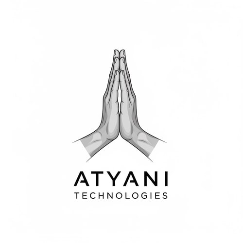AI Design for esme a likha hua nhi aana chaiye or jo haath h vo real hona chaioye or logo me haath jode hue hone chaaiye Atyani Technologies ior ye comapny ka name h
