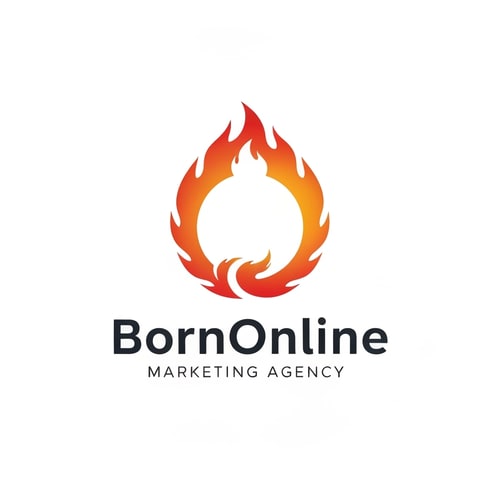 AI Design for Marketing Agency website , Name is " BornOnline". Design a good logo , try make something circular , fire , like mozilla firefox