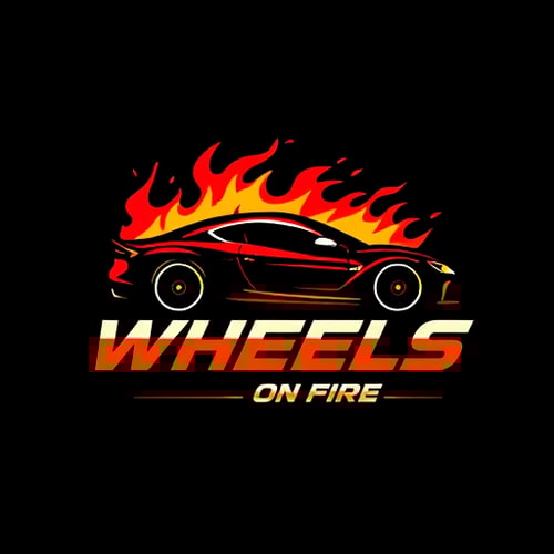 AI Design for Pictorial for a car dealership named "Wheels on Fire": A stylized flame integrated with a car silhouette, Red, orange, and black, Bold and aggressive sans-serif font. Design with a modern, dynamic, and slightly edgy influence, high-contrast shading and sharp lines, solid dark background. colorfull car cool fuituristic
