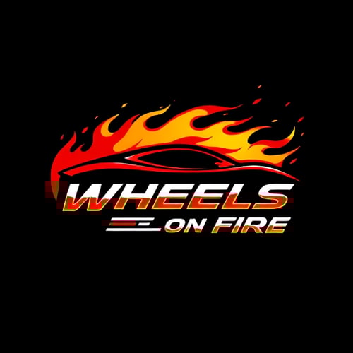 AI Design for Pictorial for a car dealership named "Wheels on Fire": A stylized flame integrated with a car silhouette, Red, orange, and black, Bold and aggressive sans-serif font. Design with a modern, dynamic, and slightly edgy influence, high-contrast shading and sharp lines, solid dark background. colorfull car cool fuituristic