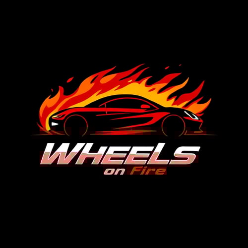 AI Design for Pictorial for a car dealership named "Wheels on Fire": A stylized flame integrated with a car silhouette, Red, orange, and black, Bold and aggressive sans-serif font. Design with a modern, dynamic, and slightly edgy influence, high-contrast shading and sharp lines, solid dark background. colorfull car cool fuituristic i need the logo in red theme