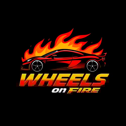 AI Design for Pictorial for a car dealership named "Wheels on Fire": A stylized flame integrated with a car silhouette, Red, orange, and black, Bold and aggressive sans-serif font. Design with a modern, dynamic, and slightly edgy influence, high-contrast shading and sharp lines, solid dark background. colorfull car cool fuituristic i need the logo in red theme