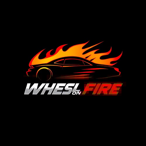 AI Design for Pictorial for a car dealership named "Wheels on Fire": A stylized flame integrated with a car silhouette, Red, orange, and black, Bold and aggressive sans-serif font. Design with a modern, dynamic, and slightly edgy influence, high-contrast shading and sharp lines, solid dark background.