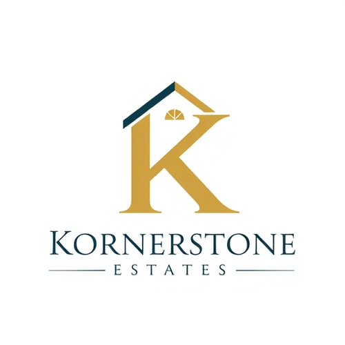 AI Design for "Create a professional and elegant logo for a real estate company named **Kornerstone Estates**. The design should focus on the letter **K** as the main element, incorporating real estate elements like a house roof, window, or structure within the letter. Use clean lines, modern yet classic style, and a strong, trustworthy color scheme (such as gold, brown, navy, or dark green). The company name 'Kornerstone Estates' should appear below the K in a professional serif font."* 
