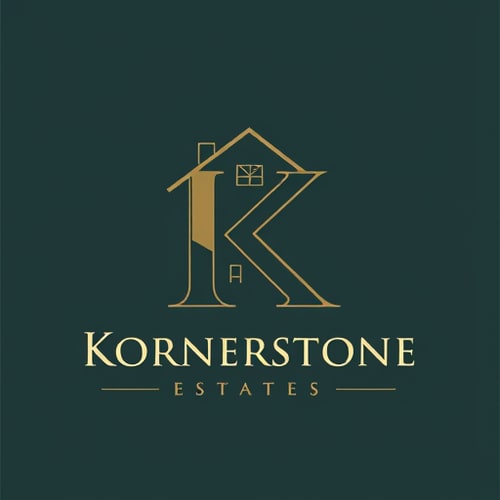 AI Design for "Create a professional and elegant logo for a real estate company named **Kornerstone Estates**. The design should focus on the letter **K** as the main element, incorporating real estate elements like a house roof, window, or structure within the letter. Use clean lines, modern yet classic style, and a strong, trustworthy color scheme (such as gold, brown, navy, or dark green). The company name 'Kornerstone Estates' should appear below the K in a professional serif font."* 