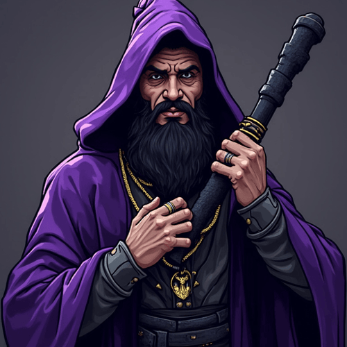 AI Design for Create a Picture with a wizard with purple clothes and a wizard hat but instead of a staff he has a black weapon in his hands. His look is crumpy. he also has a golden chain around his neck and there is written: Schickert