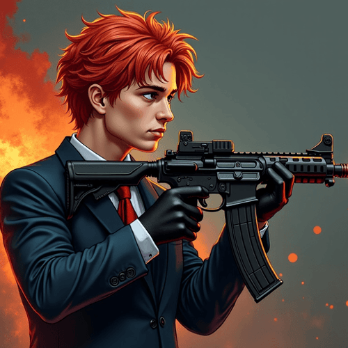 AI Design for give me a picture of voldemord with a Ak47 but with the hair of ron weasley