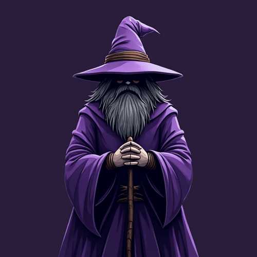 AI Design for Create a Picture with a wizard with purple clothes and a wizard hat but instead of a staff he has a black m4a1-silenced in his hands