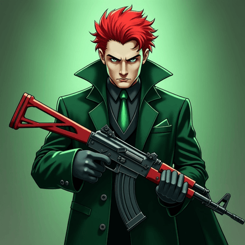 AI Design for Voldemort in his green costume but with the red hair of Ron wheesly. He is carrying a ak 47 on dust 2 of Counter Strike