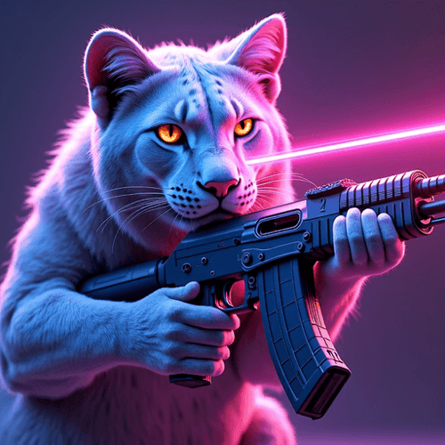 AI Design for make an ak-47 with the face of a cat but it shoots laser out of the eyes and everything ist blue purple in a cyberpink style. the aK is in the hand of a lion