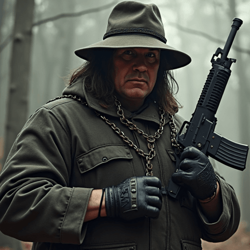 AI Design for i need a wizard with an ak47 and a gangster chain where schickert is written